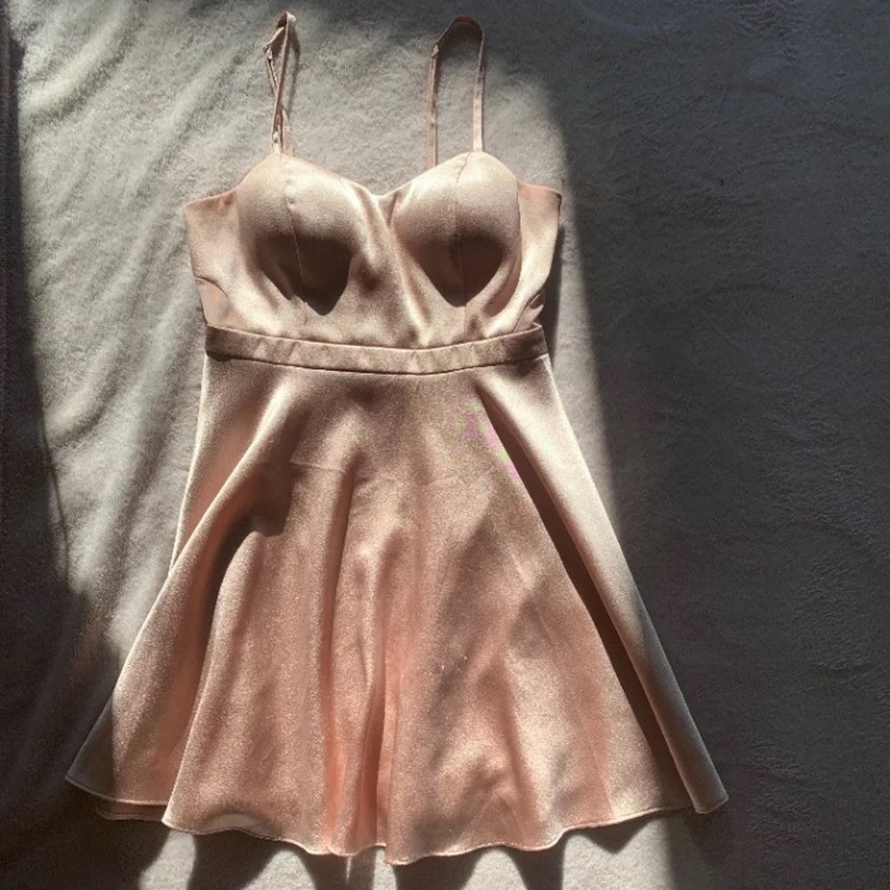 champagne satin flare dress